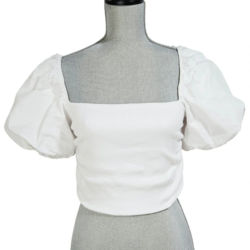 Zara White Puff Sleeve Ribbed Ruched Cropped Top M Cottagecore Romantic Feminine